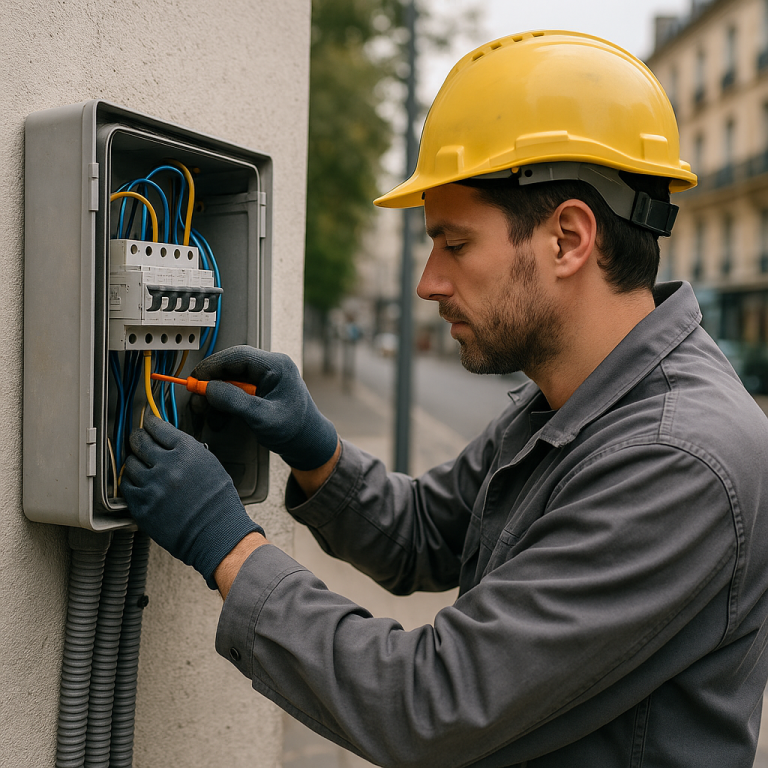 Technicien en train de vérifier un tableau électrique extérieur