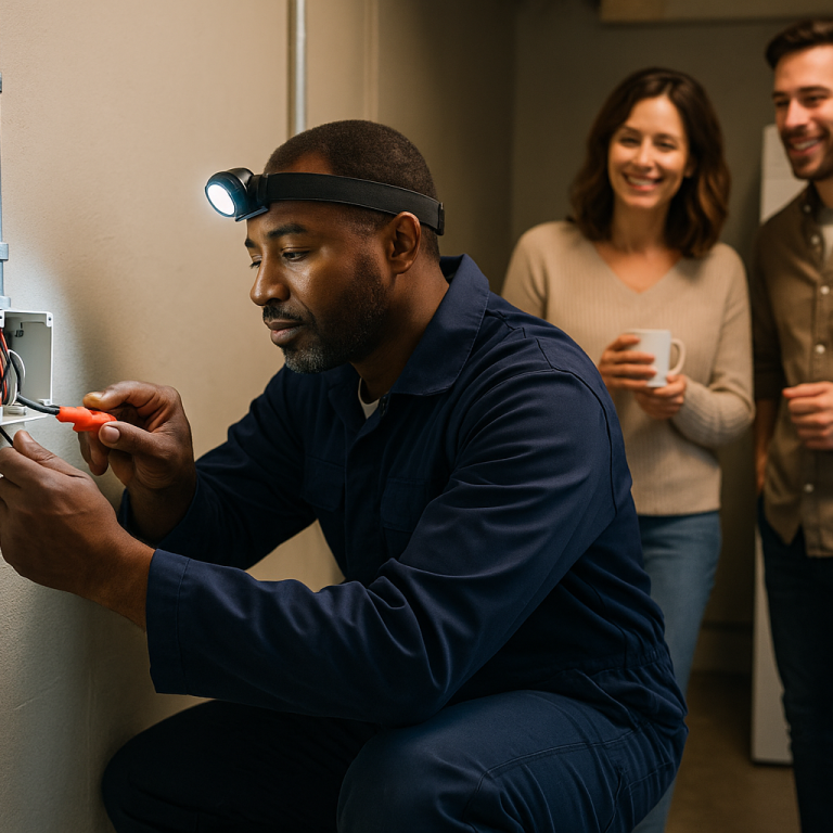 Clients satisfaits discutant avec un électricien professionnel