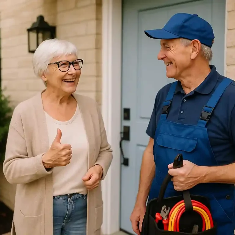 Une cliente souriante discute avec un électricien en tenue de travail, devant une maison.