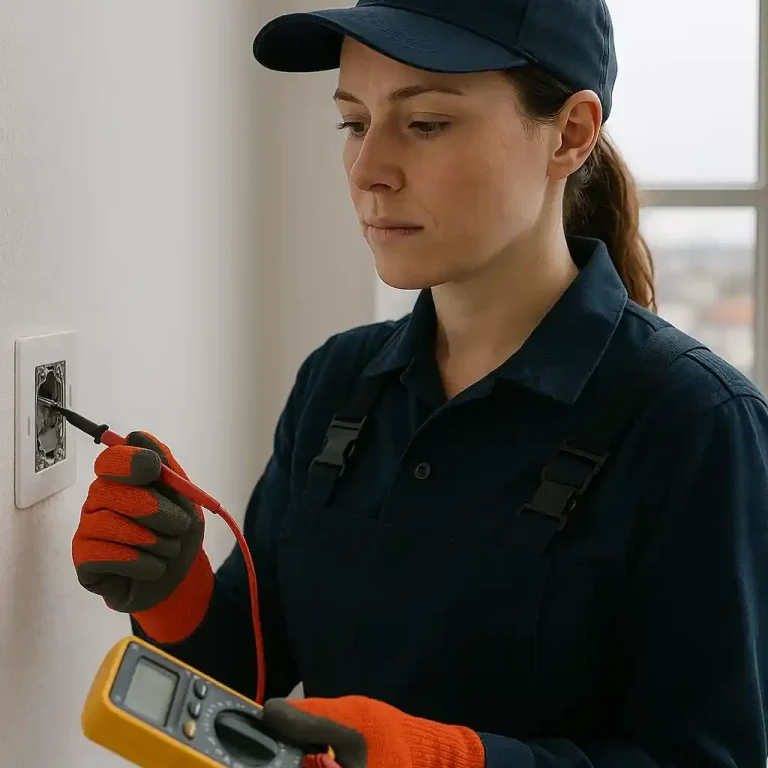 Vérification de conformité d’une prise électrique par une professionnelle certifiée