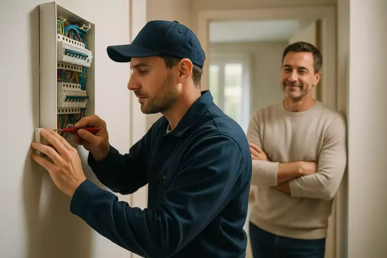 Installation de câblage électrique - Leon-services Un électricien travaille sur un tableau électrique pendant qu'un homme observe, souriant- intervention electricien 24h/24