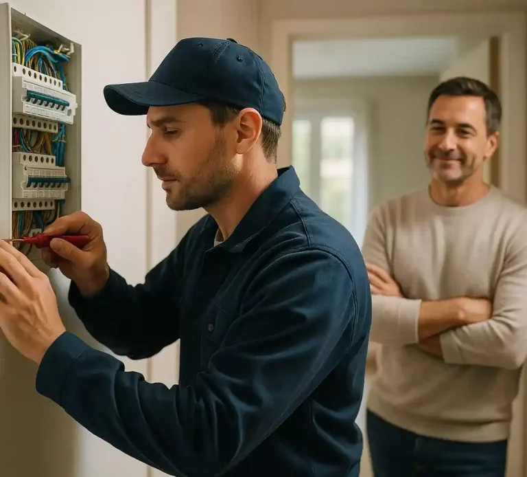Électricien professionnel installant un disjoncteur Électricien en intervention pour installer un tableau électrique aux normes