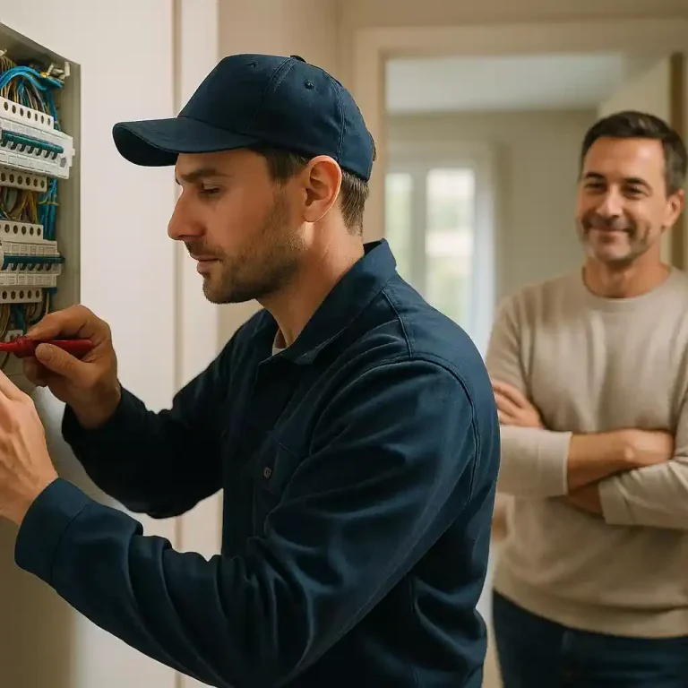 Électricien inspectant un tableau électrique domestique avec un client