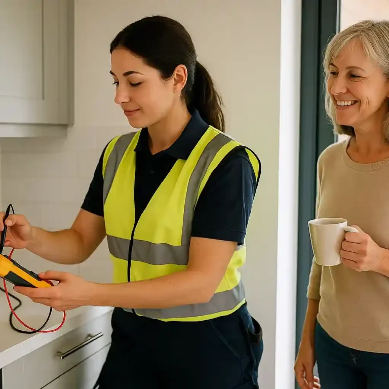 Technicienne vérifiant un appareil électrique, femme souriante avec une tasse à la main à Maisons-Alfort