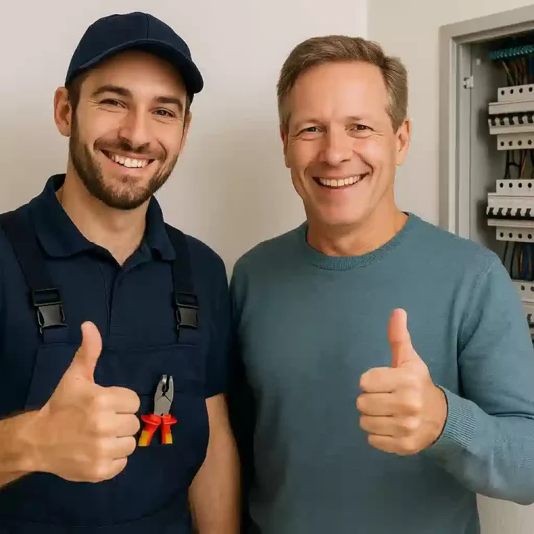 Electricien professionnel posant avec un client souriant et satisfait
