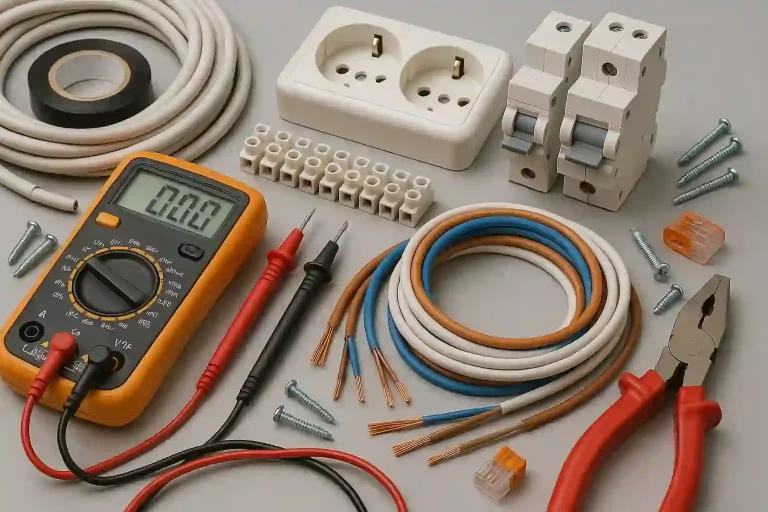 Multimètre, câbles, prises électriques, connecteurs et outils pour travaux électriques.