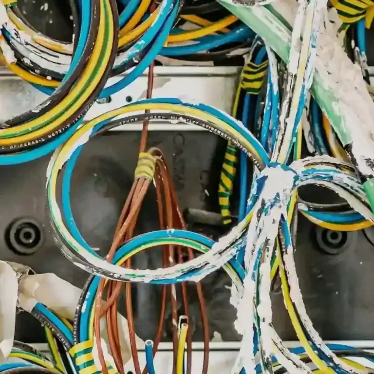 Câblage électrique dans un tableau de distribution Câbles électriques multicolores dans un tableau pour protéger les circuits domestiques
